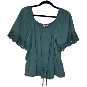 London Rose Peplum Blouse Size Large‎ Boho Cutouts Embellished Country Prairie